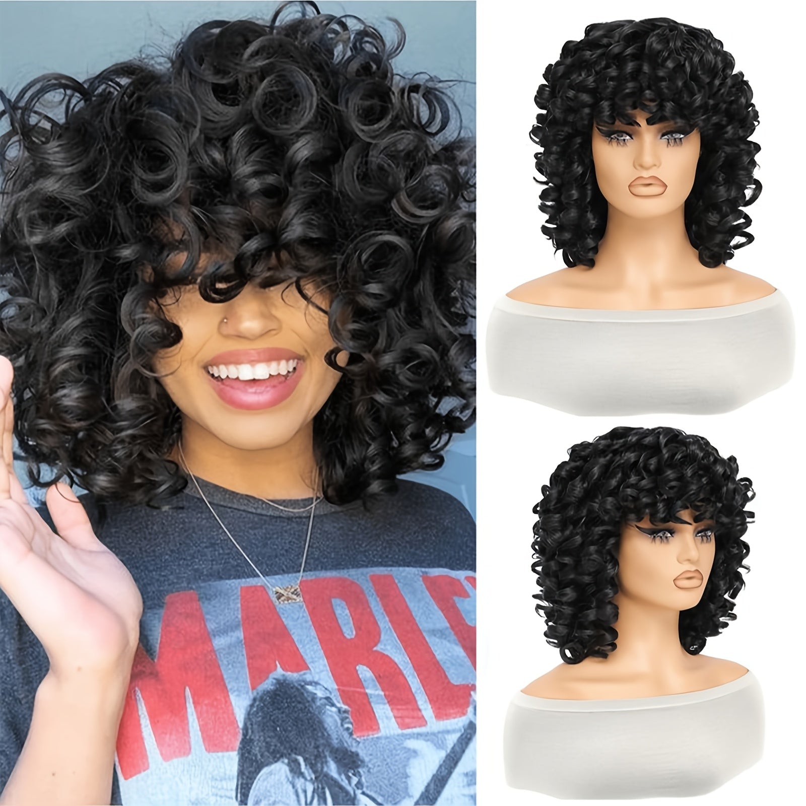 10 Inch Brazilian Virgin Human Hair Wig with Bangs - Glueless Loose Curly 200% Density Rose Net Cap Black Natural Wave Wig for, Daily Wear & Special Occasions, Highdensity Hairpiece